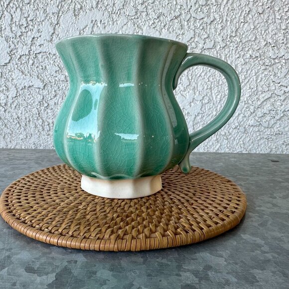 Roscher Stoneware 16 oz Green Crackle Glaze Coffee Mug – Ribbed Potbelly Style - Picture 1 of 7